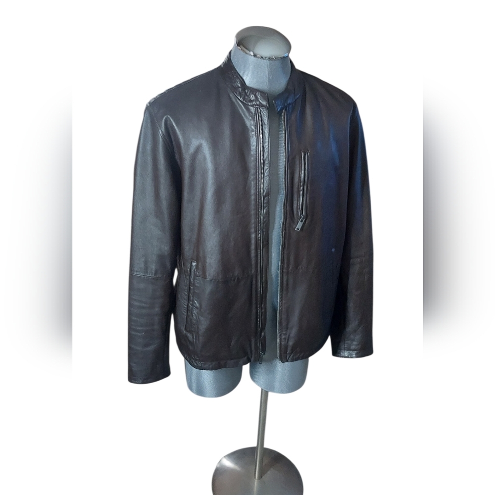 John Varvatos Lambskin | Leather Motorcycle | Ribbed Bomber Jacket | Cognac